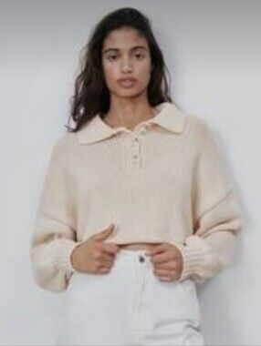 ZARA Cropped Cream Balloon Sleeved Polo Collar KnitSweater Sz Small